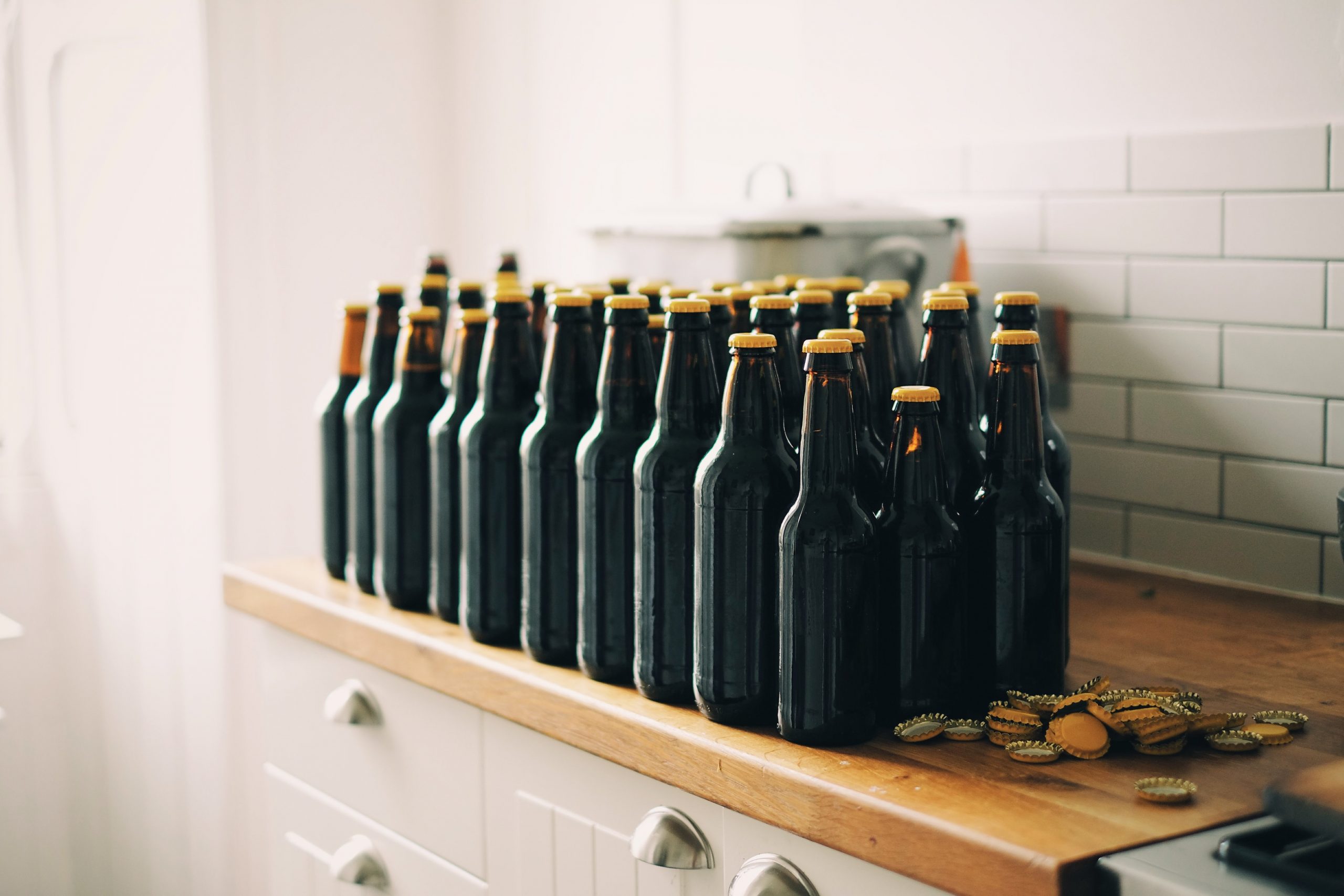 bottled beers on kitchen counter